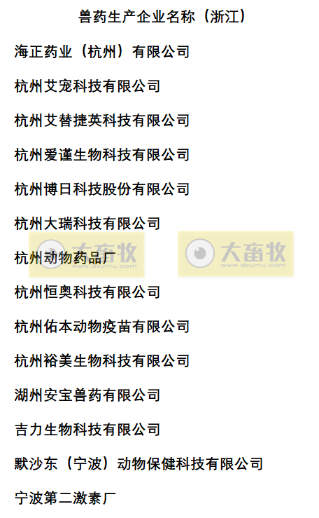 浙江兽药生产企业名录（2022年版）