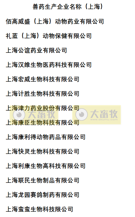 上海兽药生产企业名录（2022年版）