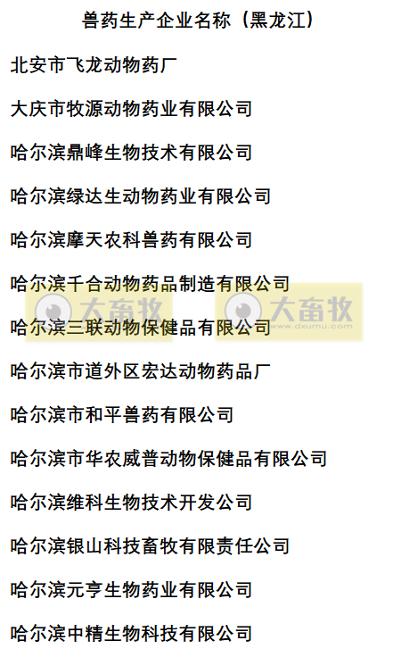 黑龙江兽药生产企业名录（2022年版）