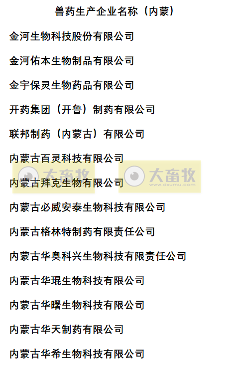 内蒙兽药生产企业名录（2022年版）