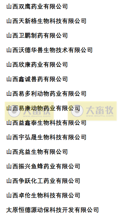 山西兽药生产企业名录（2022年版）