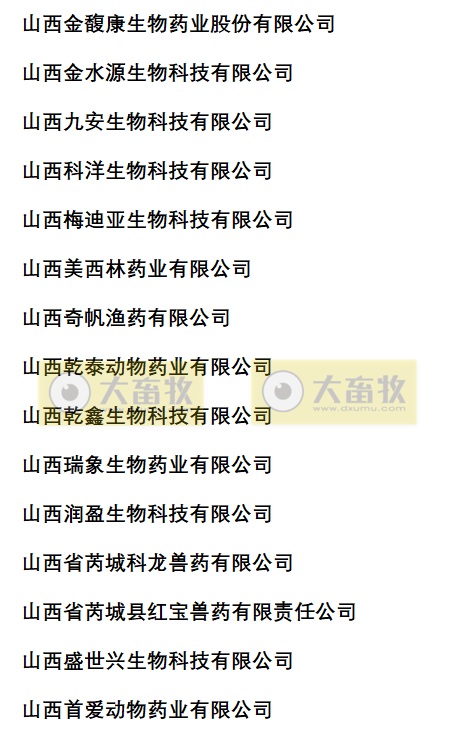 山西兽药生产企业名录（2022年版）