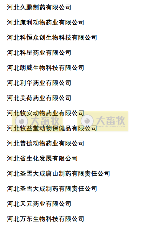 河北兽药生产企业名录（2022年版）
