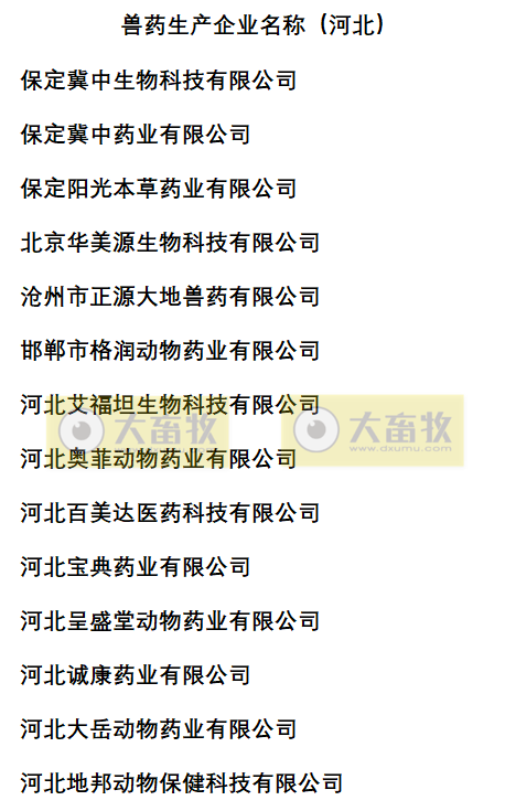 河北兽药生产企业名录（2022年版）