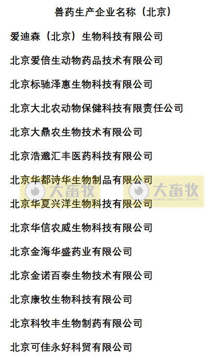 北京兽药生产企业名录（2022年版）