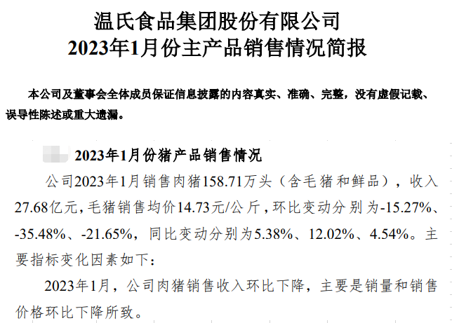 17家上市猪企2023年1月生猪销售情况汇总