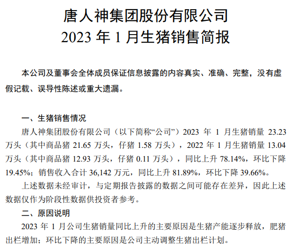 17家上市猪企2023年1月生猪销售情况汇总