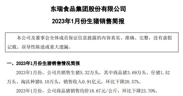 17家上市猪企2023年1月生猪销售情况汇总