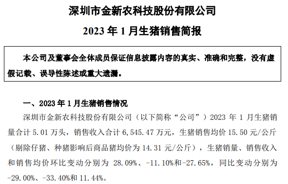 17家上市猪企2023年1月生猪销售情况汇总