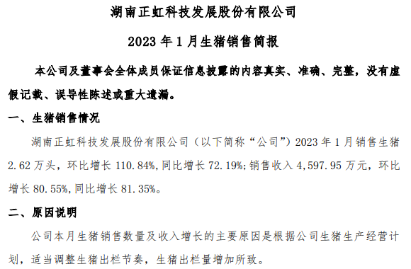 17家上市猪企2023年1月生猪销售情况汇总