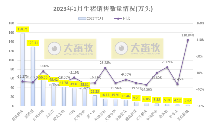 17家上市猪企2023年1月生猪销售业绩和生产指标PK
