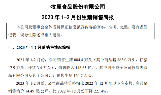 牧原股份2023年1-2月生猪销售情况