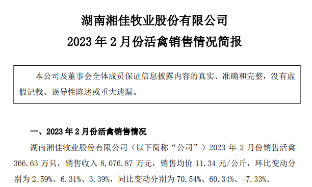 湘佳股份2月活禽销量和收入同比增长幅度均超60%，因养殖产能扩张所致