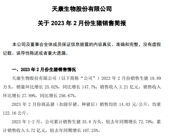 天康生物：因新建产能释放，2月生猪销量和收入同比超150%