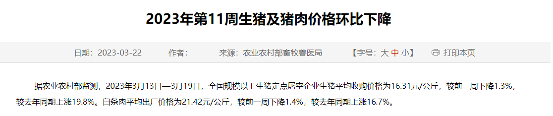 2023年第11周生猪及猪肉价格环比下降