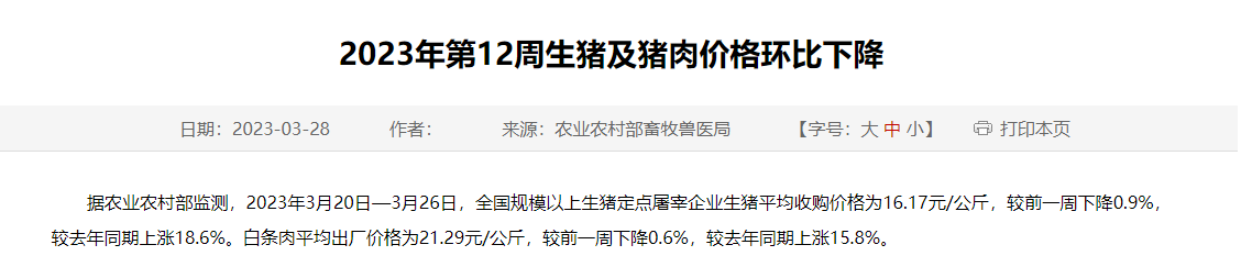 2023年第12周生猪及猪肉价格环比下降