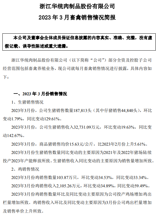 华统股份:3月生猪销售数量和收入双双创新高