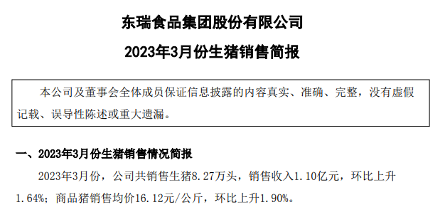 牧原、温氏等19家上市猪企2023年3月生猪销售情况汇总