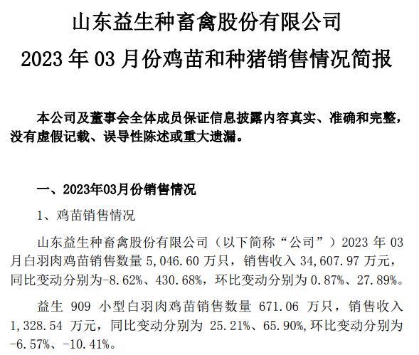 益生股份：鸡苗价格大幅增长，2019年12月以来最高价，1季度白羽肉鸡苗销量突破1.5亿只