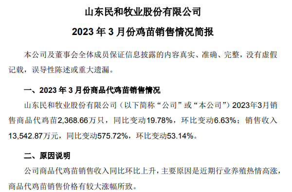 民和股份：鸡苗价格大涨，为2019年12月以来最高价，1季度销售收入同比增长3倍多
