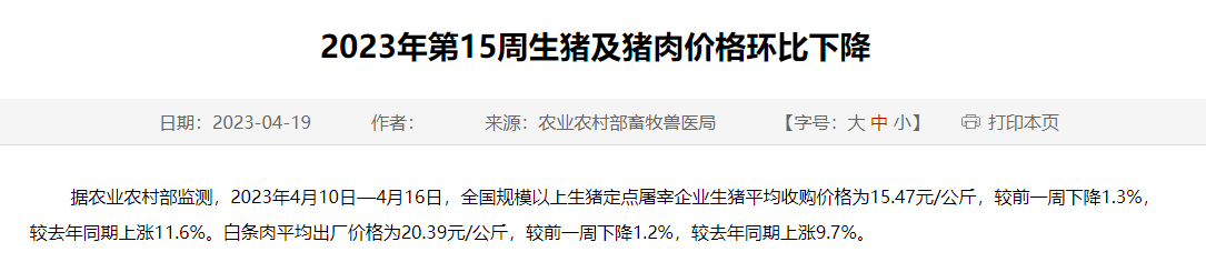 2023年第15周生猪及猪肉价格环比下降，自去年5月以来最低价