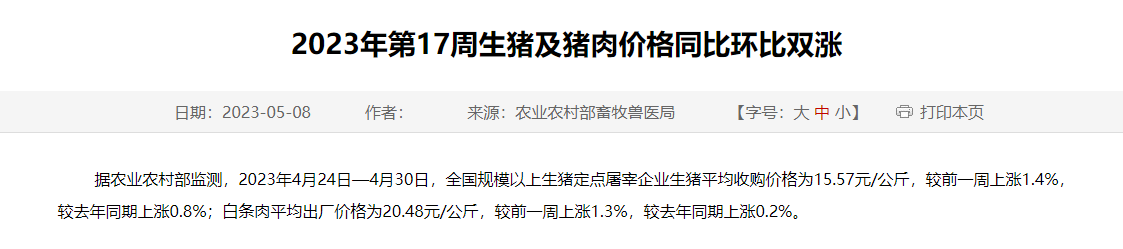 2023年第17周生猪及猪肉价格同比环比双涨