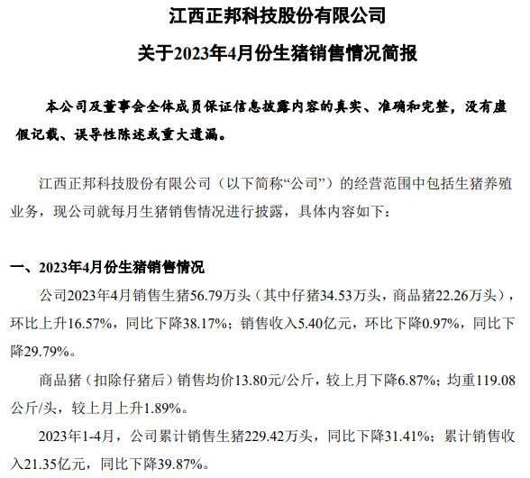 正邦科技:前4个月销售仔猪138万头同增142%,资金紧张但仍保留核心种群,育种指标优秀