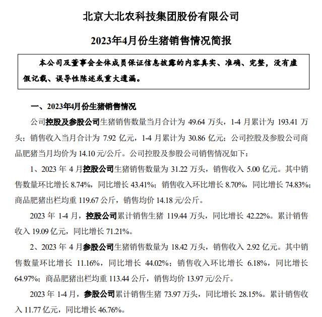 19家上市猪企2023年4月生猪销售情况汇总