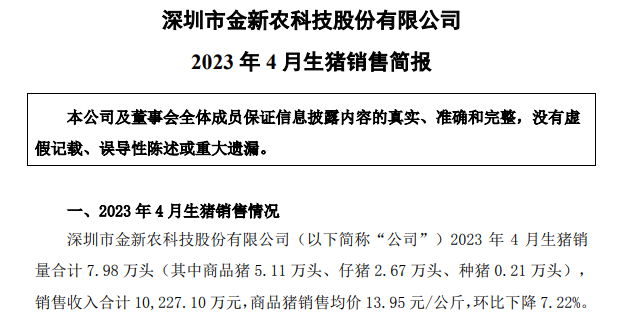 19家上市猪企2023年4月生猪销售情况汇总