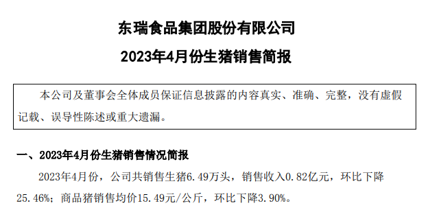 19家上市猪企2023年4月生猪销售情况汇总