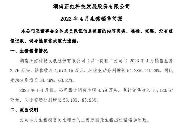 19家上市猪企2023年4月生猪销售情况汇总
