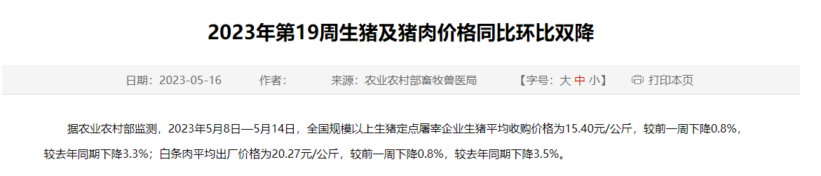 2023年第19周生猪及猪肉价格同比环比双降