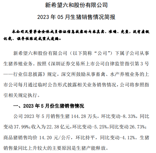 牧原、温氏、新希望、天邦、傲农和大北农等19家上市猪企2023年5月生猪销售情况汇总