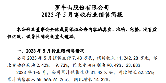 牧原、温氏、新希望、天邦、傲农和大北农等19家上市猪企2023年5月生猪销售情况汇总
