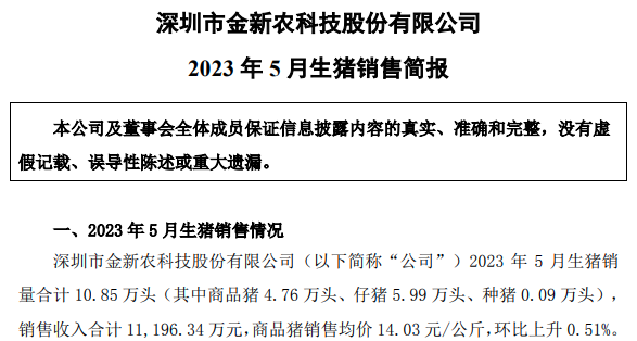 牧原、温氏、新希望、天邦、傲农和大北农等19家上市猪企2023年5月生猪销售情况汇总
