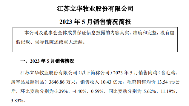 温氏、立华和益生等8家上市家禽企业2023年5月肉鸡和鸡苗销售情况