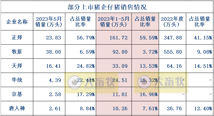 18家上市猪企2023年5月生猪销售业绩和生产指标PK