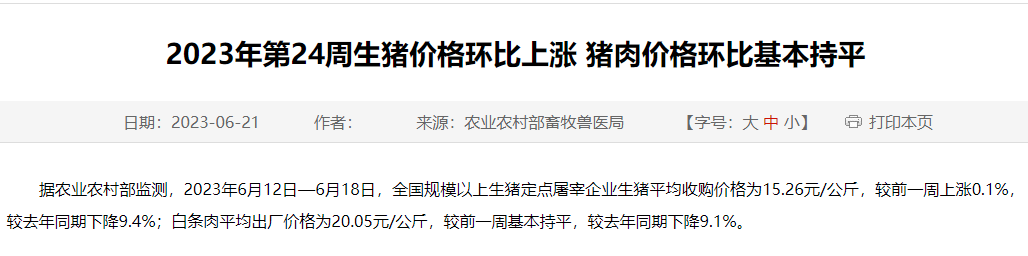 2023年第24周生猪价格环比上涨,猪肉价格环比基本持平