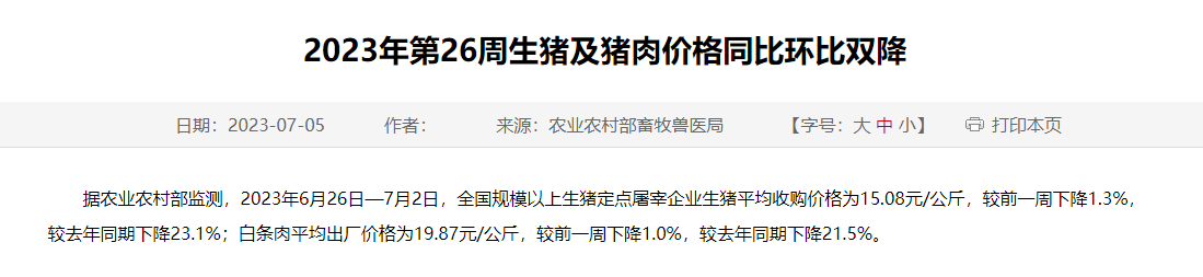 2023年第26周生猪及猪肉价格同比环比双降