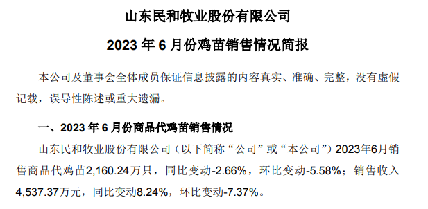 温氏、立华和益生等8家上市家禽企业2023年6月及上半年肉鸡和鸡苗销售情况