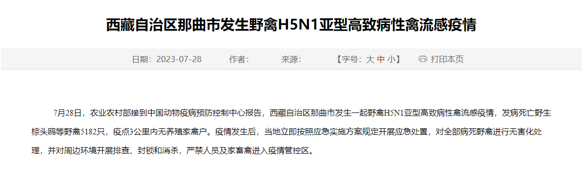 5182只野禽死亡!西藏自治区那曲市发生野禽H5N1亚型高致病性禽流感疫情