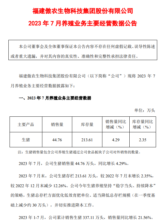 18家上市猪企2023年7月生猪销售情况汇总