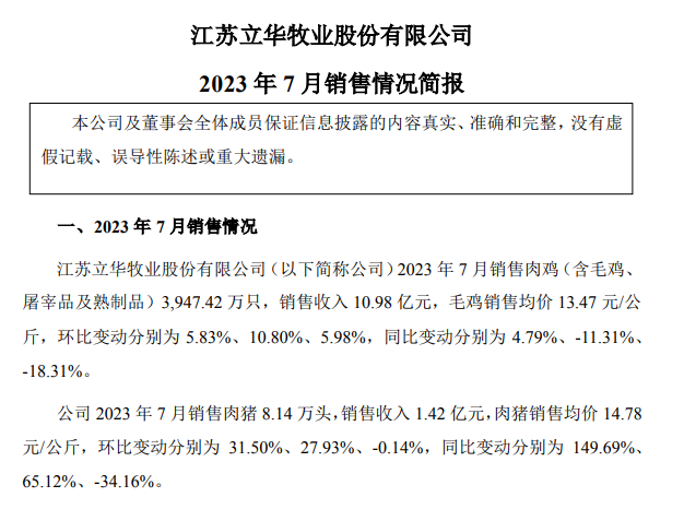 18家上市猪企2023年7月生猪销售情况汇总