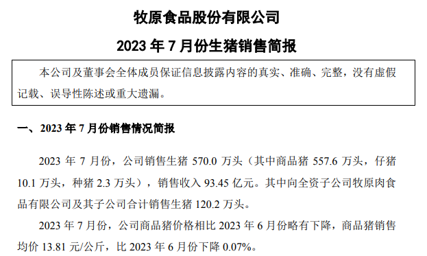 18家上市猪企2023年7月生猪销售情况汇总