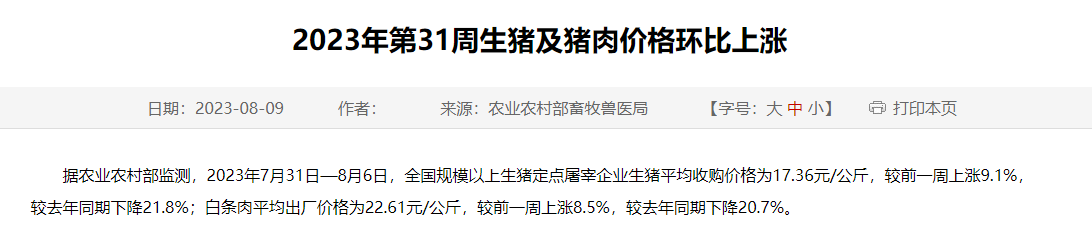 2023年第31周生猪及猪肉价格环比上涨
