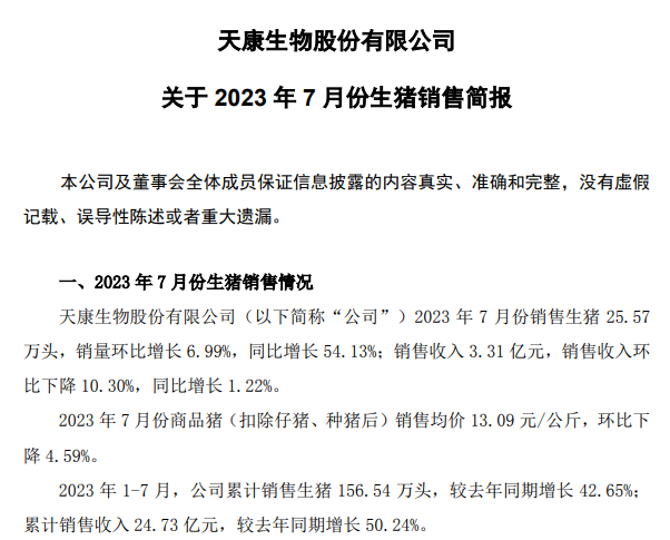 18家上市猪企2023年7月生猪销售情况汇总