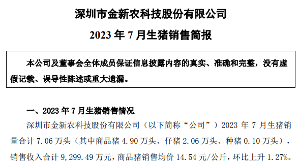 18家上市猪企2023年7月生猪销售情况汇总