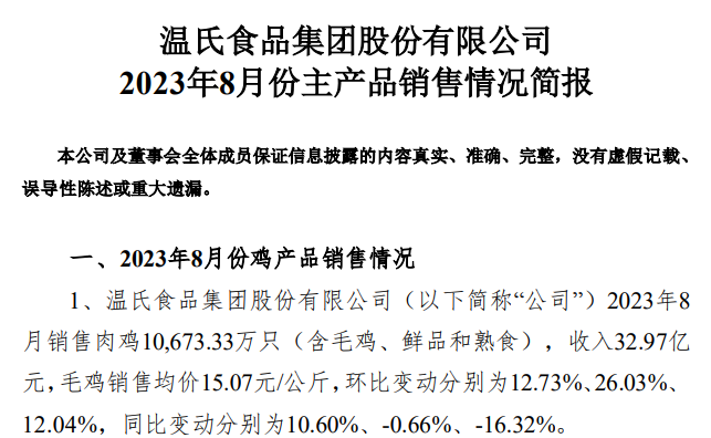 温氏股份:8月生猪和肉鸡养殖预计均可盈利,前8月肉猪销量1600万头肉鸡销量7.5亿只