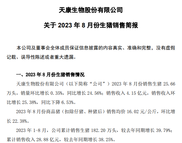 大北农、唐人神、天康和京基智农2023年8月生猪销售情况
