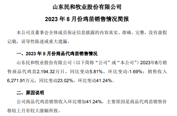 民和和仙坛2023年8月鸡苗和肉鸡销售情况